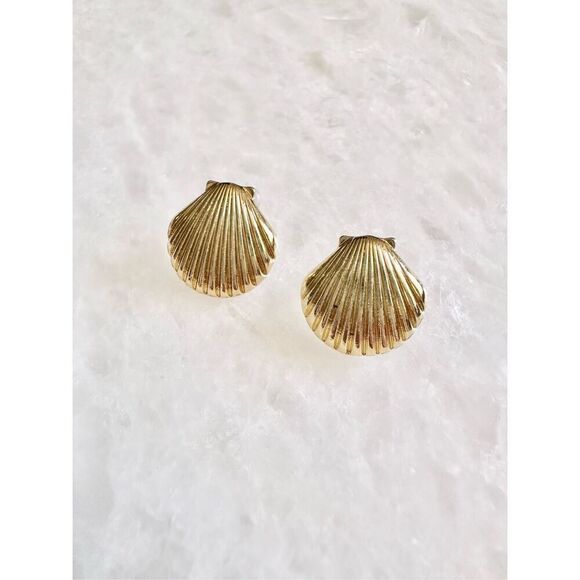 Gold clam seashell stud earrings - Picture 2 of 2